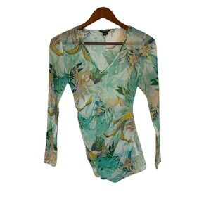 Marciano Women's Small Teal Green Tropical Sheer Ruched Long Sleeve Top Blouse
